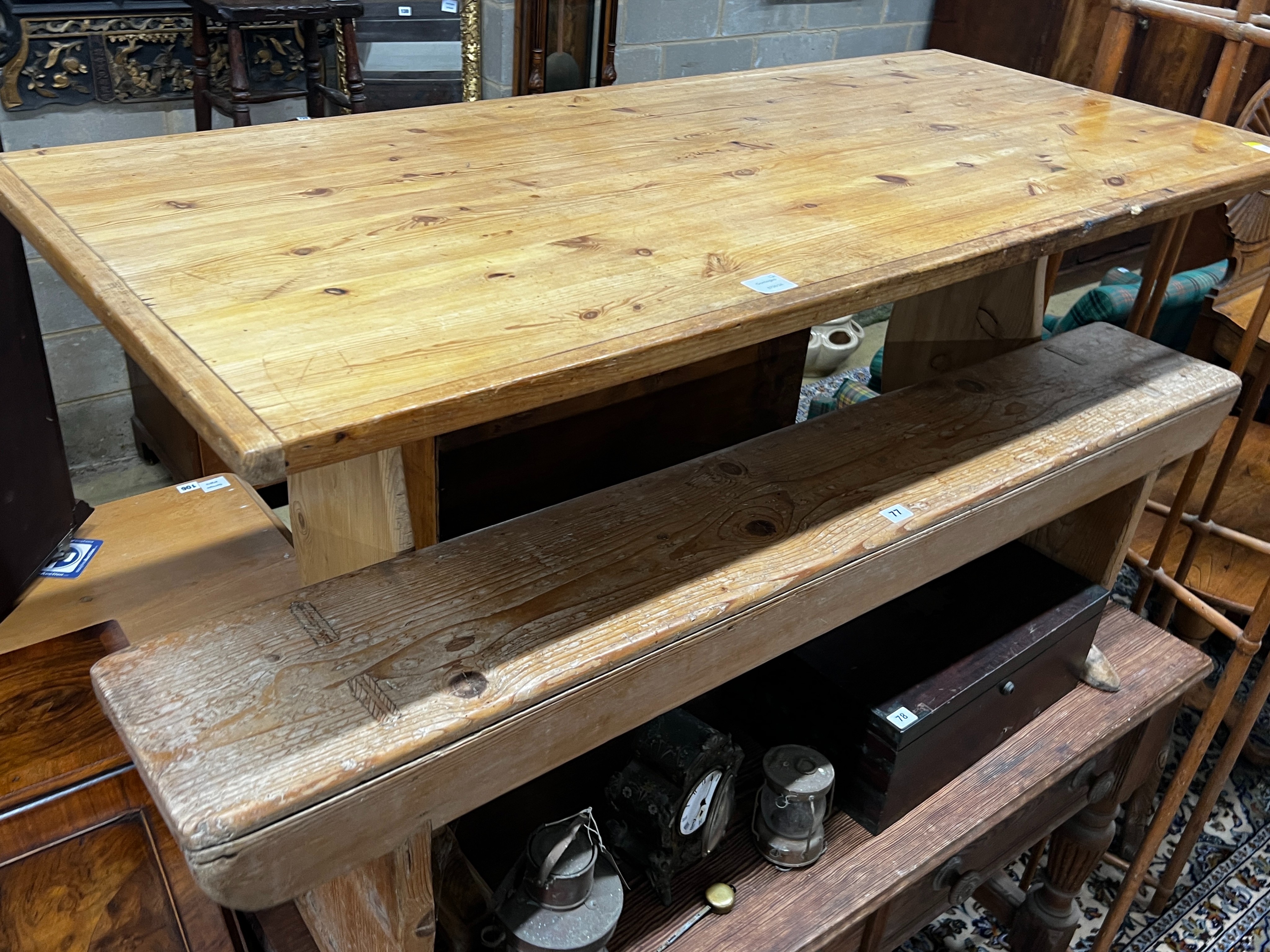 A rectangular pine refectory table, length 150cm, width 67cm, height 72cm and a 19th century pine bench